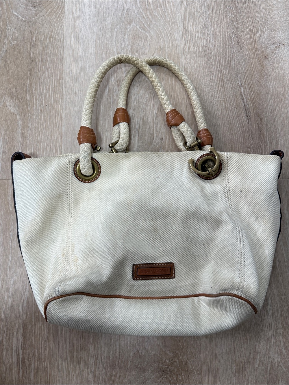 Michael Kors Cream Canvas Tote with Brown Trim and Rope Handles